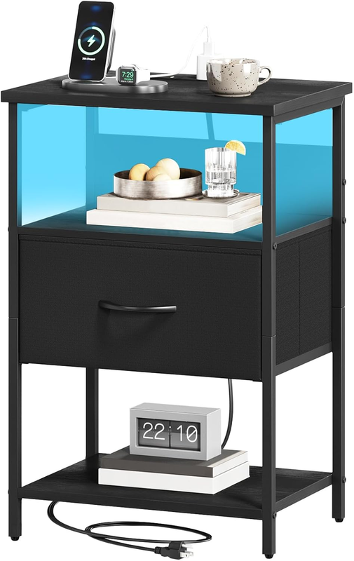 Black Nightstand with Charging Station and LED Light for Bedroom, Bedside Table