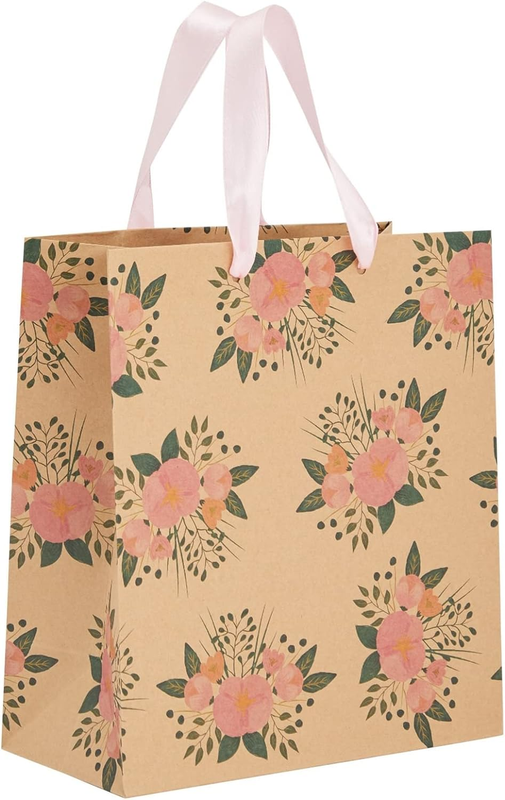 24 Pack Reusable Kraft Paper Floral Gift Bags with Pink Ribbon Handles for Party