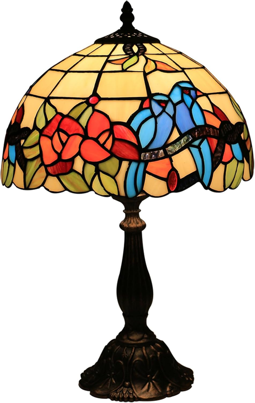 Tiffany Style Table Lamp for Living Room Hummingbirds Flower Stained Glass Bedside Nightstand Table Lamp for Bedroom 12X12X19Inch Home Office Farmhouse Desk Lamps