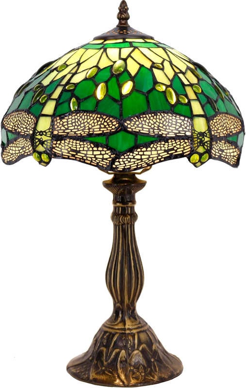 Tiffany Lamp Green Stained Glass Bedside Table Lamp Dragonfly Style Desk Reading Light 12X12X18 Inches Decor Bedroom Living Room Home Office S459 Series