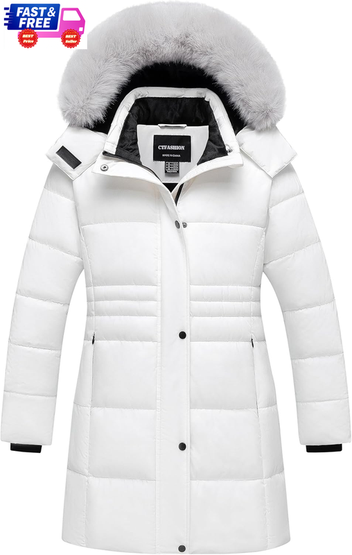 Girls Winter Coat Long Puffer Parka Warm Fleece Ski Jacket w/ Removable Fur Hood
