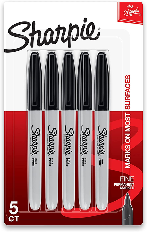 Sharpie Permanent Marker, Fine Point, Black, Pack of 5 - Fre