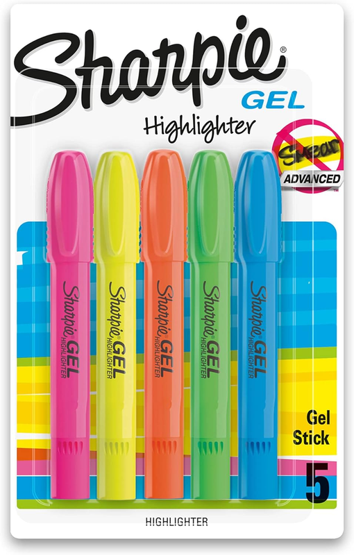 Gel Highlighters, Bullet Tip, Assorted Colors, 5 Count