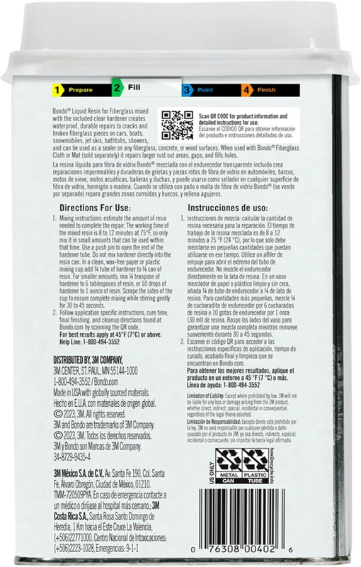 Bondo Fiberglass Resin, 1 Quart, 29oz, (402C)