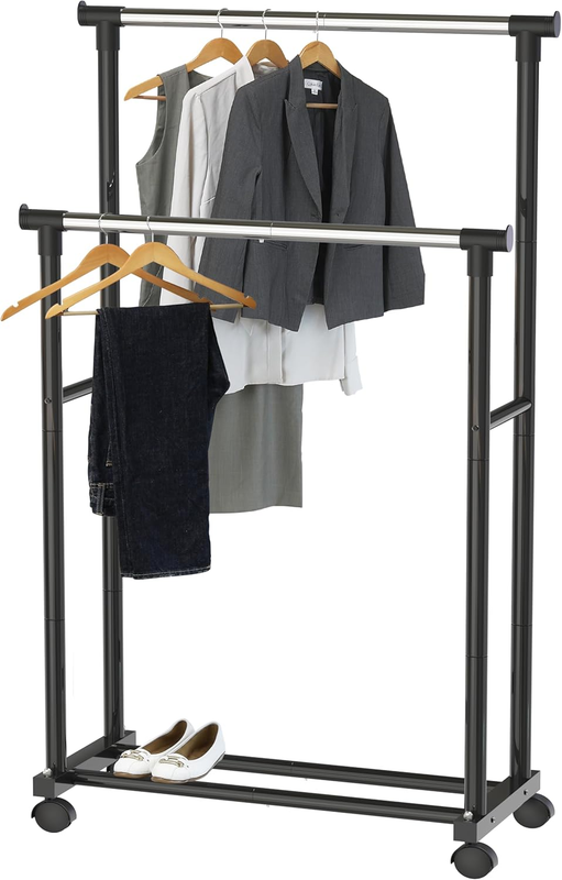 Clothes Rack Double Rod Portable Hanging Garment Rack, Black