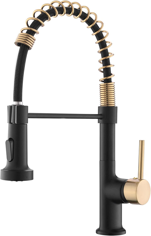 Black and Gold Kitchen Faucet with Pull down Sprayer, Single Handle Spring Kitch