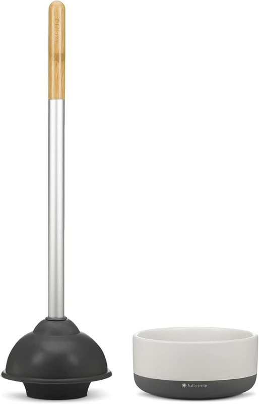 Royal Plunge – Bathroom Toilet Plunger with Bamboo Handle and White Ceramic Holder