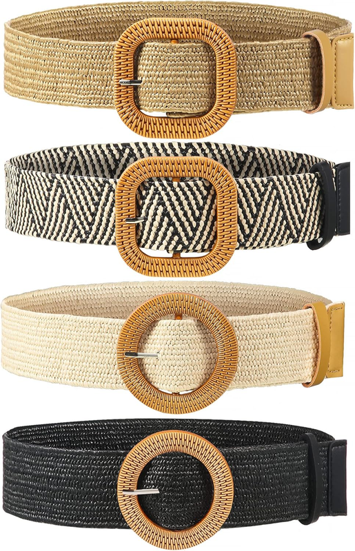 4 Pcs Straw Woven Belt Elastic Stretch Rattan Buckle Waist Bel...