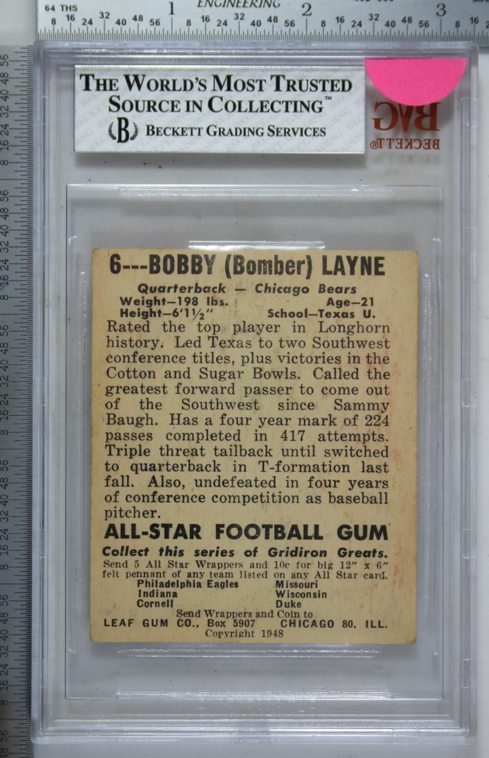 1948 Leaf HOF RC #6 Bobby Layne Chicago Bears (Yellow Pants) Beckett 4 VG-EX