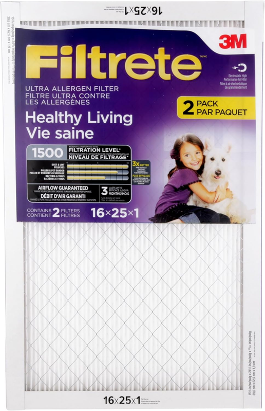 16x25x1 Furnace Filter, MPR 1500, MERV 12, Healthy Living Ultra-Allergen 3-Month