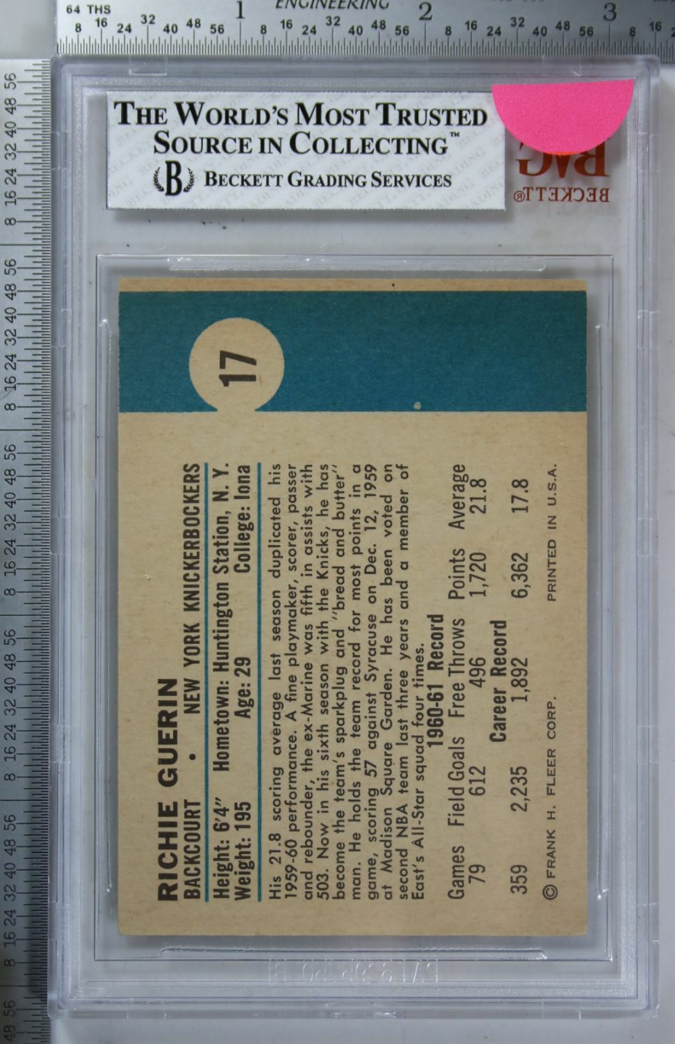 1961 Fleer #17 Richie Guerin, Beckett, BVG 6 EX-MT New York Knicks