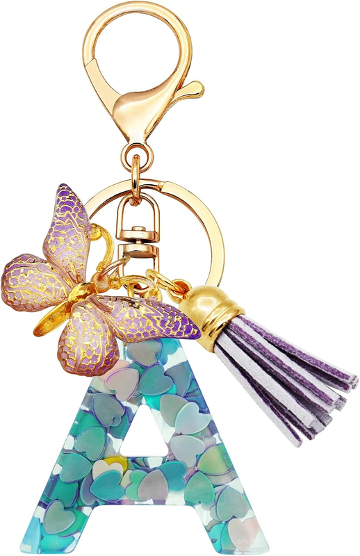 Initial Letter Keychains for Girls Women Pink Purple Green Cute Butterfly Heart