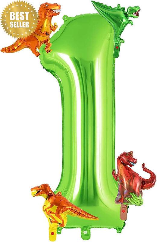 40 Inch Green Number 1 Foil Balloon with Mini Dinosaur Balloons, Aluminium Film