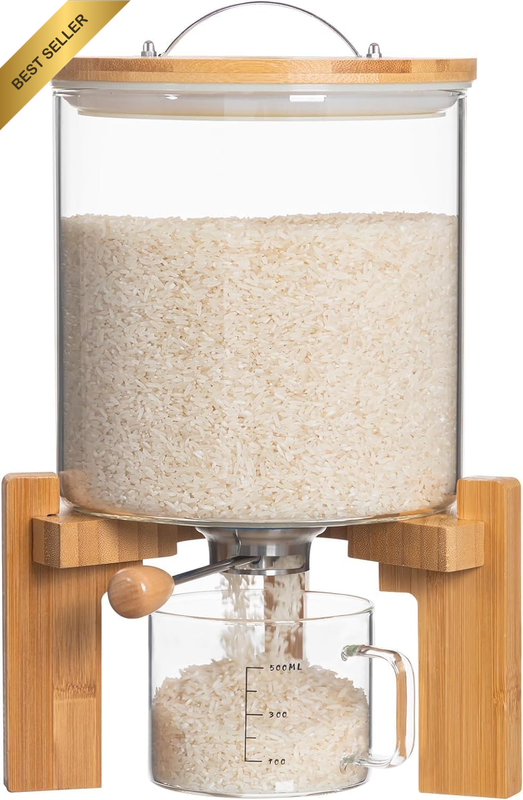 Glass Rice Dispenser with Wooden Stand Flour and Cereal Container with Glass Mea