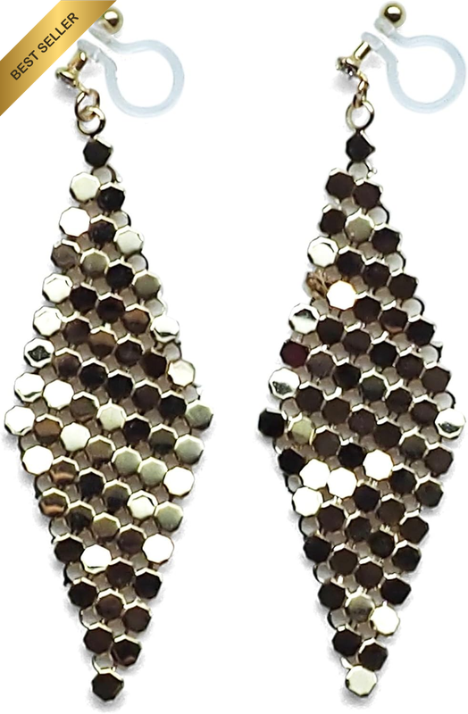 Gold Dangle Clip On Earrings for Women Diamond Shape Mesh Invisible Non Pierced