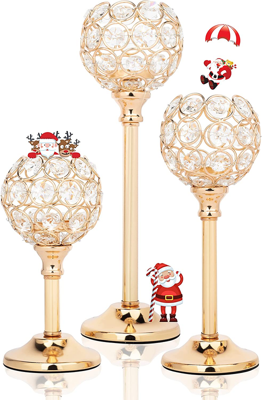 Set of 3 Gold Candle Holders, Luxury Crystal Candlestick Holders for Wedding