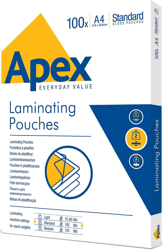 Fellowes Apex A4 Laminating Pouches, Glossy Finish, 100 Sheets - Standard - Idea