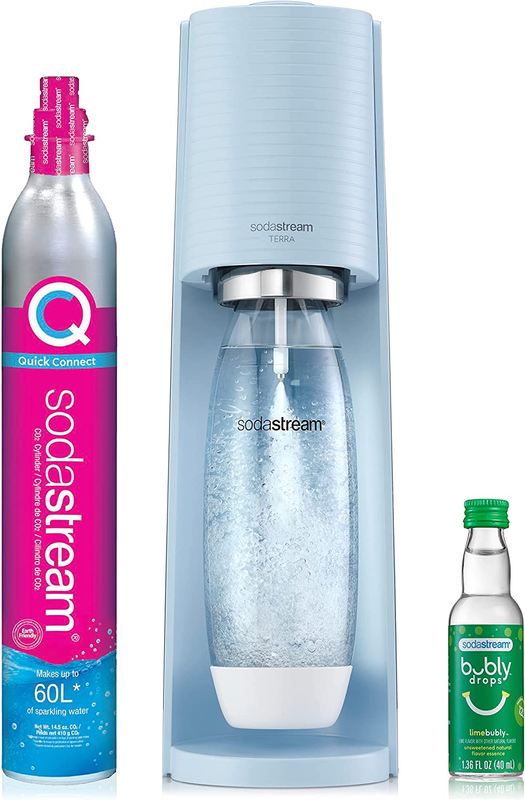 Soda Stream Water Maker CO2 DWS Bottle and Bubly Drop Blue Glass 7.9"x 5"x17"