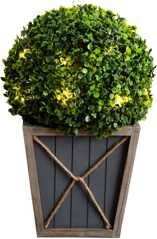 18In. UV Resistant Artificial Boxwood Ball Topiary with LED Lights in Decorative Planter (Indoor/Outdoor)