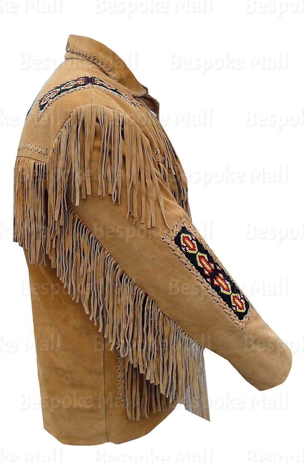 Pre-owned Handmade Men's Brown Suede Western Cowboy Style Leather Jacket With Fringe Bones-424