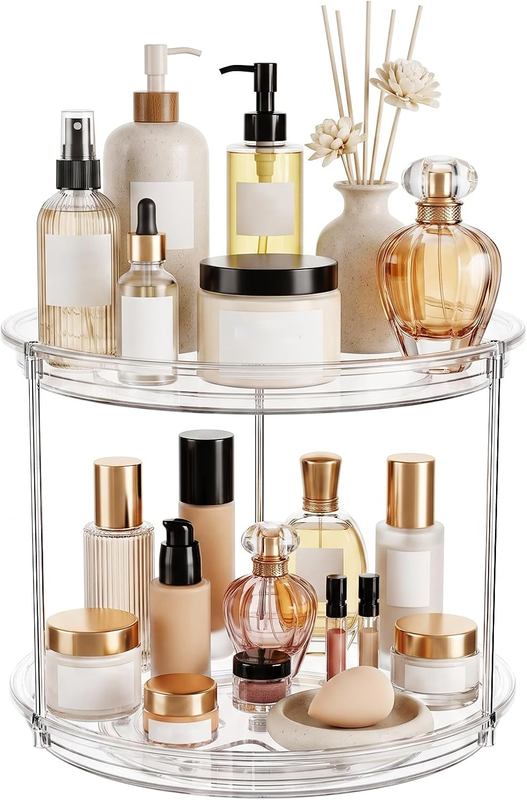 360 Rotating Makeup Organizer Clear 2 Tier Lazy Susan Skincare Vanity Countertop