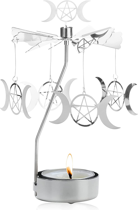 Spinning Tea Light Candle Holder, Silver Triple Moon Carousel Candle Spinner, Me