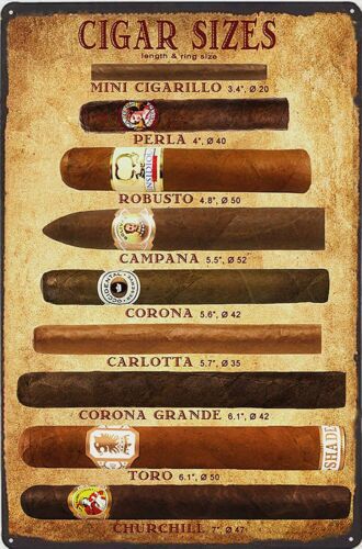 Cigar Types & Sizes Tobacco Shop Rustic Metal Sign 8x12 Inch