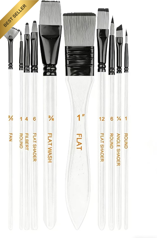 10 Pcs Nylon Hair Paint Brushes, Anti-Shedding Nylon Hair Long Handle Angled Pai