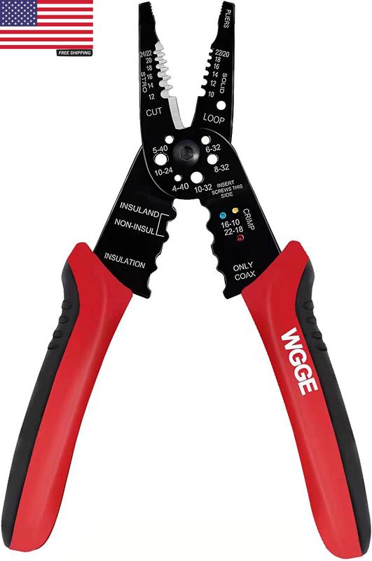 WG-015 Professional 8-Inch Wire Stripper Crimper Multi-Function Cable Cutter & Crimping Tool for 10-22 AWG Solid & Stranded Wire, High Carbon Alloy Steel, Ergonomic Non-Slip Handle, Insulated & Non-Insulated Terminals, Red/Black – Ideal for Electricians, Automotive, Home Wiring, DIY Repairs & Electrical Projects