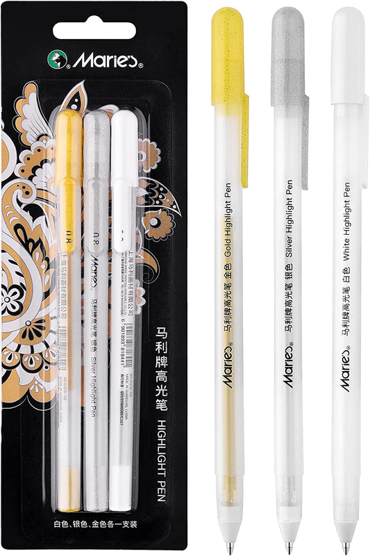 3 Colors Gel Pen Set - White, Gold and Silver Gel Ink Pens for Black Paper Drawi
