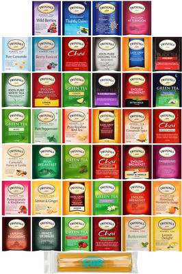 Twinings Tea Bags Sampler Assortment Variety Pack with  Honey Stix, 40 Count