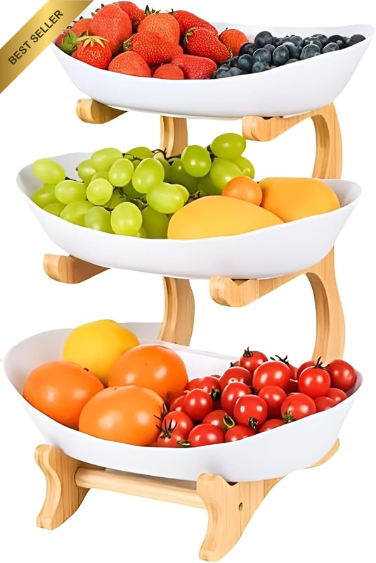 3 Tier Fruit Bowl, Bamboo Serving Tray Stand for Kitchen Counter, Plastic Fruit