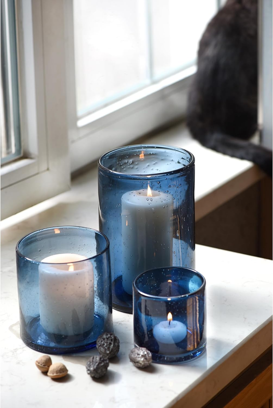 Set Of 3 Modern Blue Bubbles Glass Hurricane Cylinder Vase