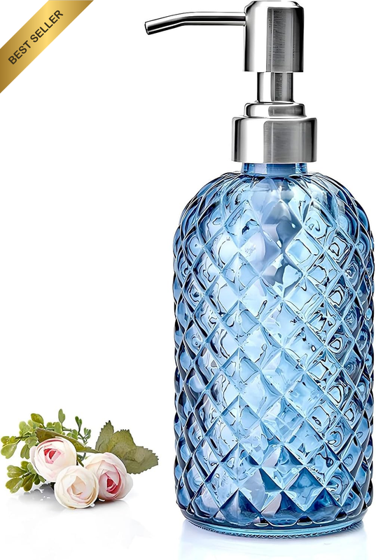 18Oz Refillable Glass Soap Dispenser with Clear Gem Pattern, Rust-Proof Stainles