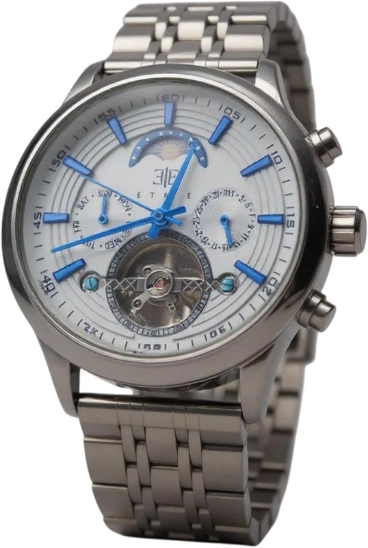 Prestige Skeleton Silver Watch for Adults - Open Heart Design, Multi-Function, Water-Resistant, Silver Stainless Steel