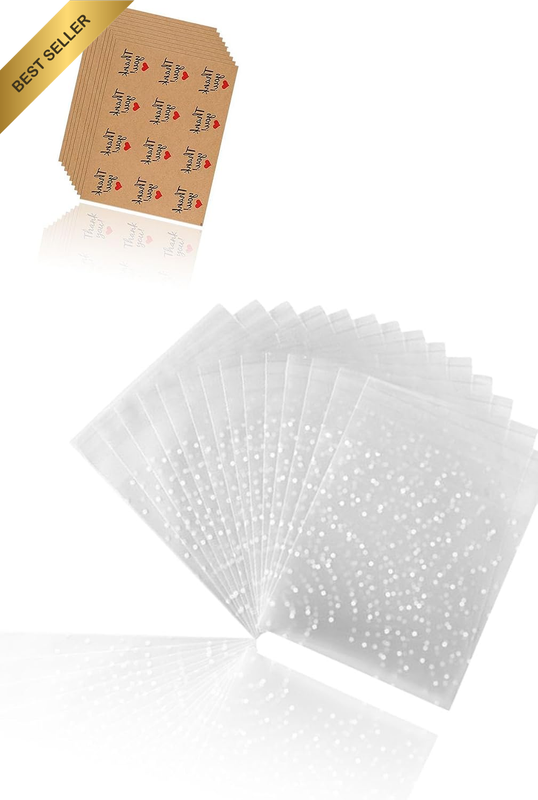 Clear Polka Dot Cello Bags, Self Seal Bags with Thank You Stickers, 200 Pack of