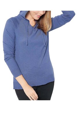 Denim & Co. Comfort Zone Honey Knit Hooded Split Neck Sweater Indigo