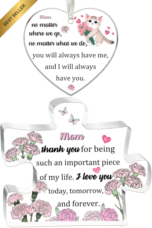 Mom 2PC Set Acrylic Puzzle Plaque Heart Hanging Ornament Women Mothers Day Birth