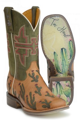 Pre-owned Tin Haul Womens Olive Leather Cactaplicity Desert Moon Cowboy Boots In Green