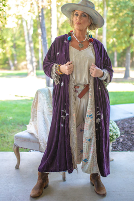 Pre-owned Jaded Gypsy Moonlight Walk Velvet Duster Jacket Dark Plum In Purple