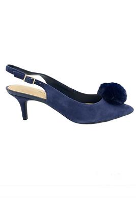 Isaac Mizrahi Live Sling Back Pumps w/ Faux Fur Pom Pom Navy Suede