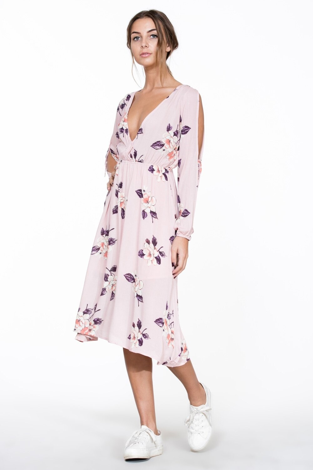 EN CREME Light Pink Floral Dress With Side Sleeve Slits size S 158581