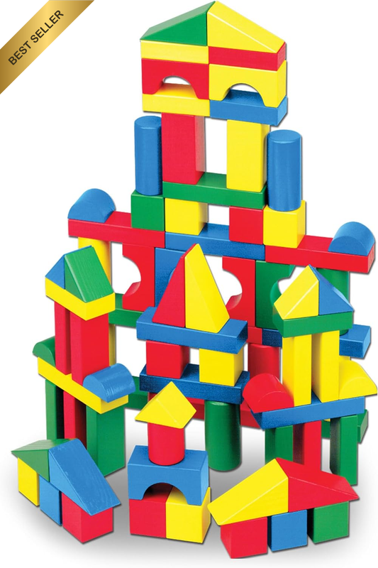 Melissa and Doug Wooden Building Blocks Set - 100 Blocks in 4 Colors and 9 Shape