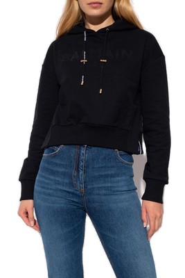 Pre-owned Balmain Embellished Drawstring Cropped Hoodie In Nero