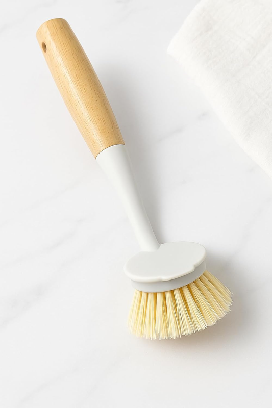 Bamboo Dish Brush with Long Handle – Natural Wooden Pot Scrubber for Kitchen, No