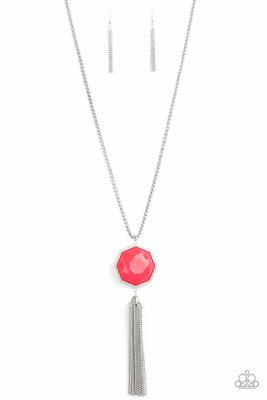 Paparazzi Necklace- Prismatically Polygon- Neon Pink Long Ornate Silver Chain