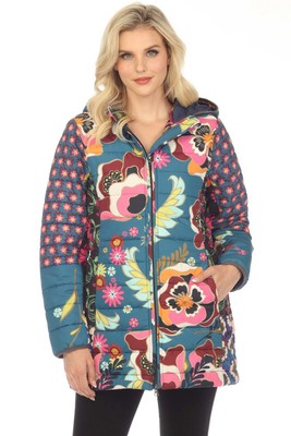 Pre-owned Johnny Was Hazel Mixed Print Zip Front Hooded Puffer Jacket Boho Chic C49223 In Multicolor