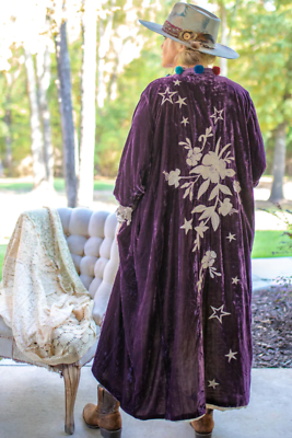 Pre-owned Jaded Gypsy Moonlight Walk Velvet Duster Jacket Dark Plum In Purple