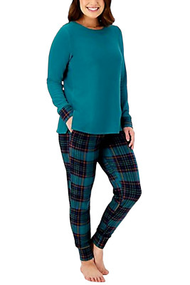 Cuddl Duds Fleecewear Stretch Jogger Pajama Set Evergld/Plaid