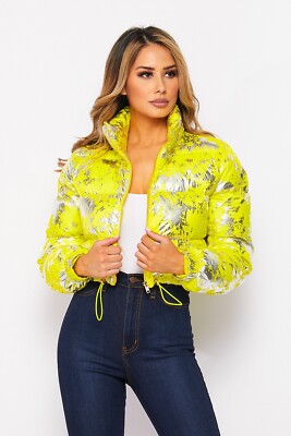 Luxury Design Puffer Fashion Women's Jacket - Lime green/yellow, silver touch